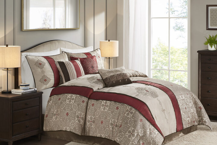 Donovan 7 Piece Jacquard Comforter Set with Throw Pillows in Red From Madison Park