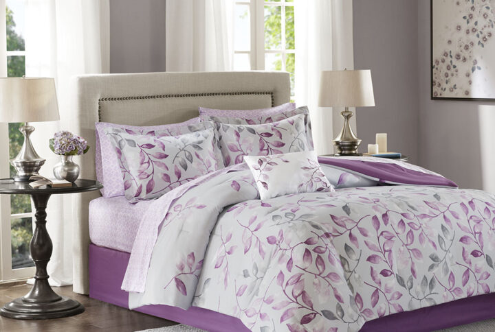 Lafael 9 Piece Comforter Set with Cotton Bed Sheets in Purple From Madison Park Essentials