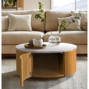 Layana Faux White Marble Round Coffee Table with Storage in Natural/Faux White Marble From INK+IVY