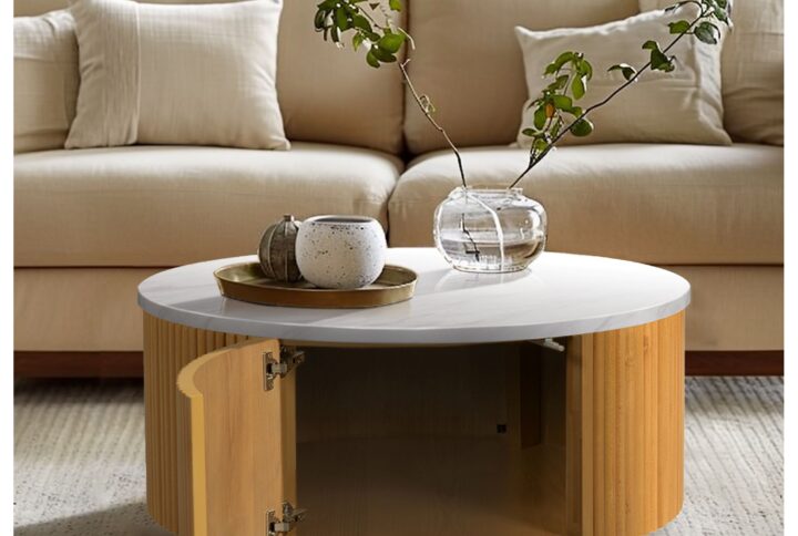 Layana Faux White Marble Round Coffee Table with Storage in Natural/Faux White Marble From INK+IVY