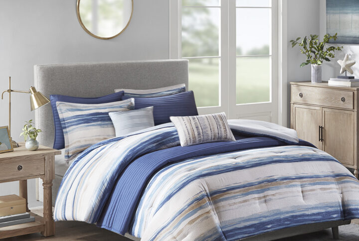 Marina 8 Piece Printed Seersucker Comforter and Quilt Set Collection in Blue From Madison Park