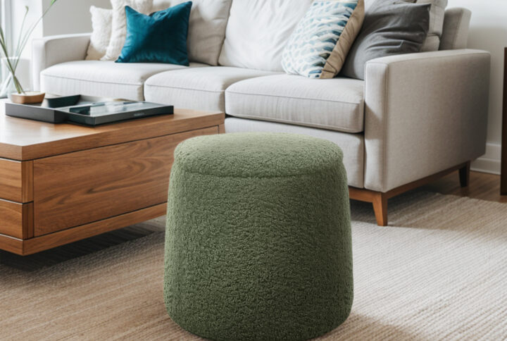 Tara Round Storage Ottoman in Green From Chapel Hill