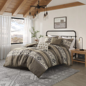 Mariposa 5 Piece Stripe Herringbone Comforter Set with Throw Pillows in Brown From Madison Park