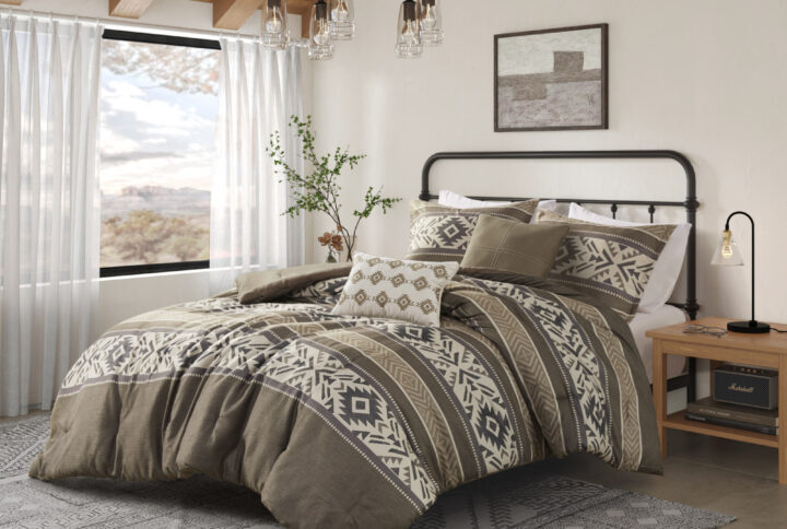 Mariposa 5 Piece Stripe Herringbone Comforter Set with Throw Pillows in Brown From Madison Park