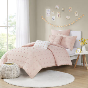 Brooklyn Cotton Jacquard Duvet Cover Set with Euro Shams and Throw Pillows in Pink From Urban Habitat