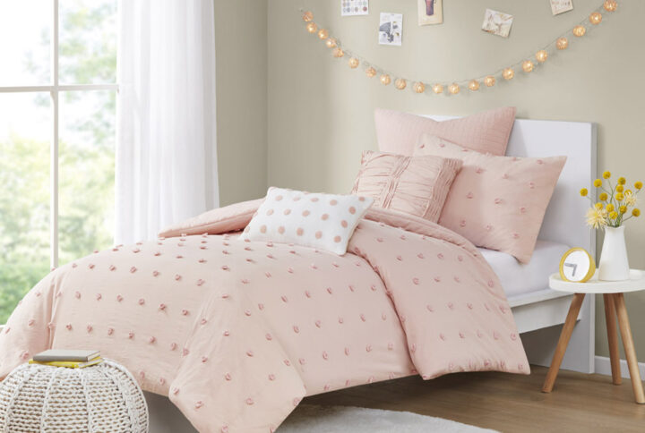 Brooklyn Cotton Jacquard Duvet Cover Set with Euro Shams and Throw Pillows in Pink From Urban Habitat