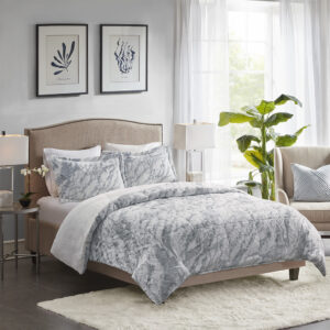 Lana Marble Faux Fur Comforter Set in Grey/Blue From Madison Park