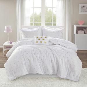 Rosalie Metallic Printed Plush Comforter Set with Throw Pillow in White/Gold From Mi Zone