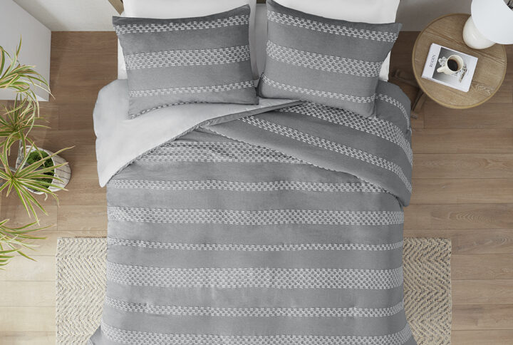 Drew 3 Piece Clipped Jacquard Duvet Cover Set in Gray From Madison Park