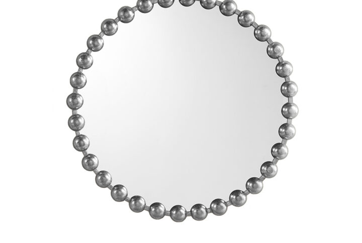 Marlowe 27" Medium Decorative Round Wall Mirror with Beaded Metal Frame in Silver From Madison Park Signature