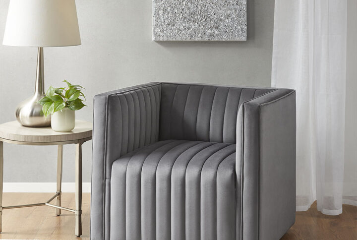 Sikora Channel Tufted Swivel Armchair in Gray From Madison Park