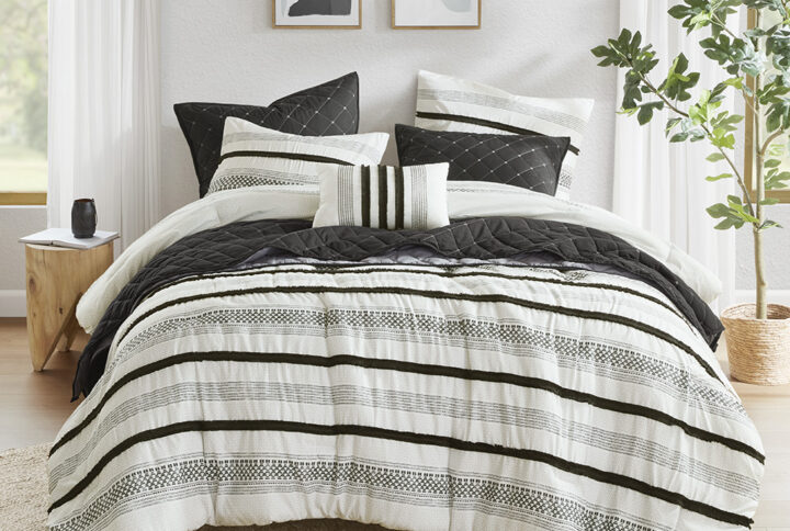 Carolina 7 Piece Stripe Comforter and Quilt Set in Black From Madison Park