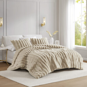 Jasmine 3 Piece Faux Fur Comforter Set in Taupe From Madison Park