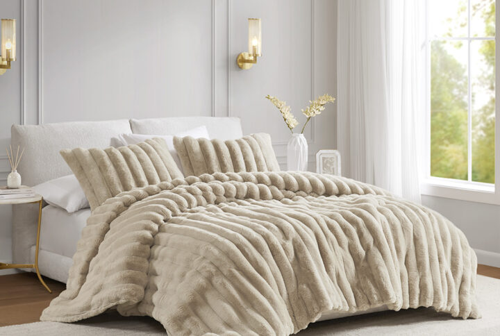 Jasmine 3 Piece Faux Fur Comforter Set in Taupe From Madison Park