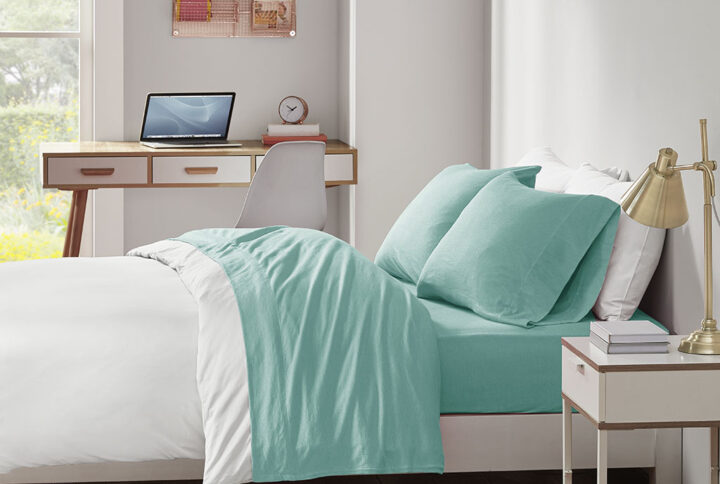 Cotton Blend Jersey Knit All Season Sheet Set in Aqua From Intelligent Design