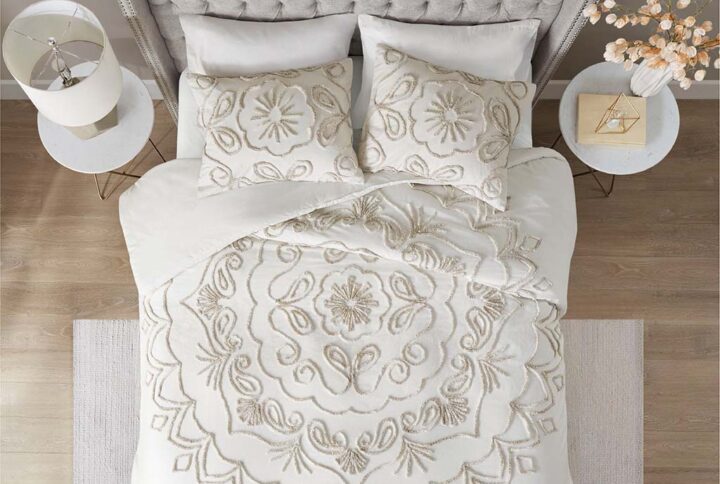 Violette 3 Piece Tufted Cotton Chenille Duvet Cover Set in Ivory/Taupe From Madison Park