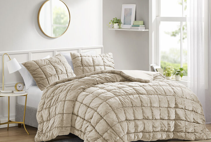 Velvet Dream Puff 3 Piece Comforter Set in Tan From Intelligent Design