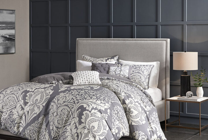 Vienna 6 Piece Printed Duvet Cover Set in Grey From Madison Park