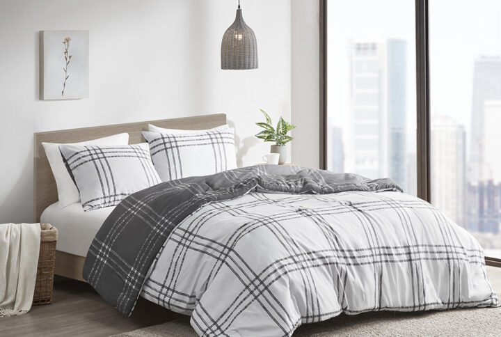 Pike Plaid Reversible Comforter Set in White/Gray From Intelligent Design