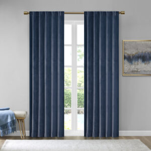 Colt Room Darkening Metallic Printed Poly Velvet Rod Pocket/Back Tab Window Panel Pair in Navy From 510 Design