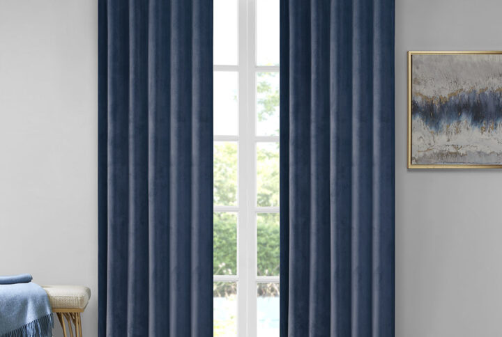 Colt Room Darkening Metallic Printed Poly Velvet Rod Pocket/Back Tab Window Panel Pair in Navy From 510 Design