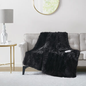 Malea Shaggy Faux Fur Heated Throw in Black From Serta