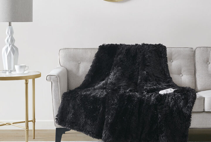 Malea Shaggy Faux Fur Heated Throw in Black From Serta