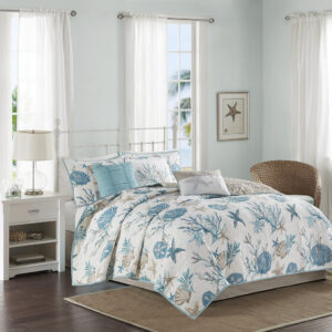 Pebble Beach 6 Piece Cotton Sateen Quilt Set with Throw Pillows in Aqua From Madison Park