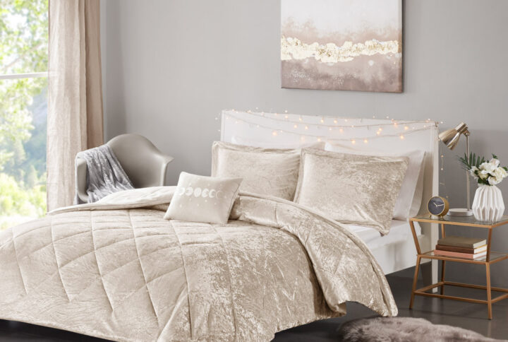 Felicia Velvet Comforter Set with Throw Pillow in Champagne From Intelligent Design