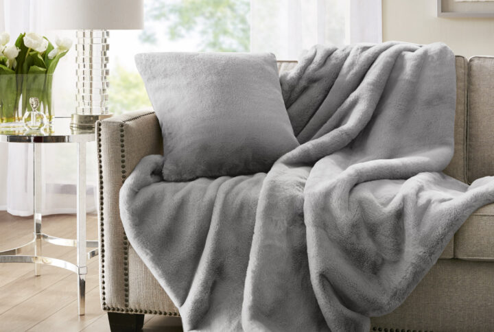 Sable Solid Faux Fur Throw in Grey From Croscill