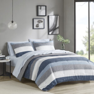 Jaxon Stripe Comforter Set with Bed Sheets in Blue/Grey From Madison Park Essentials