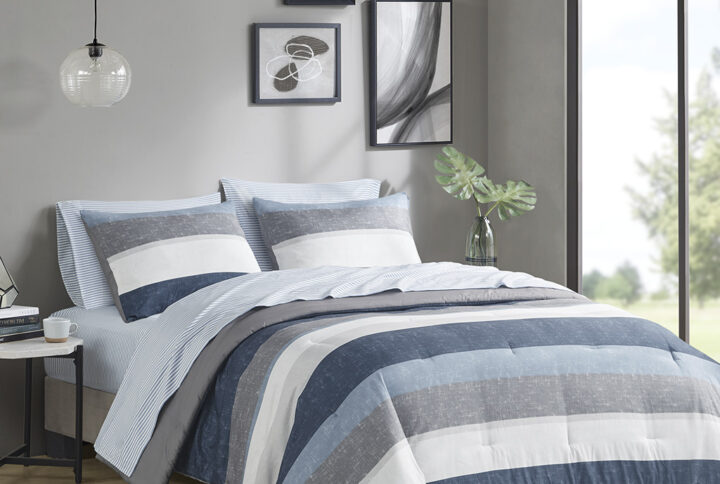 Jaxon Stripe Comforter Set with Bed Sheets in Blue/Grey From Madison Park Essentials