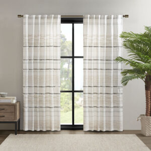 Nea Cotton Printed Curtain Panel with tassel trim and Lining in Off White/Gray From INK+IVY