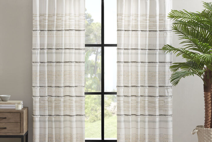 Nea Cotton Printed Curtain Panel with tassel trim and Lining in Off White/Gray From INK+IVY