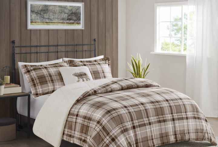 Alton Plush to Sherpa Down Alternative Comforter Set in Tan Plaid From Woolrich