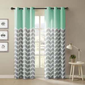 Alex Chevron Printed Room Darkening Grommet Top Panel Pair in Aqua From Intelligent Design