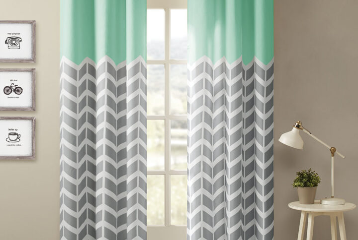 Alex Chevron Printed Room Darkening Grommet Top Panel Pair in Aqua From Intelligent Design