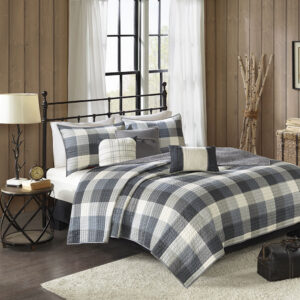 Ridge 6 Piece Printed Herringbone Quilt Set with Throw Pillows in Grey From Madison Park