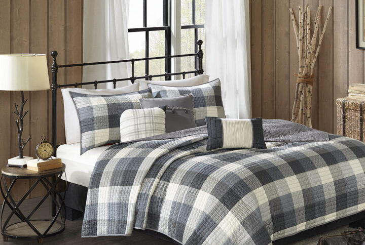 Ridge 6 Piece Printed Herringbone Quilt Set with Throw Pillows in Grey From Madison Park