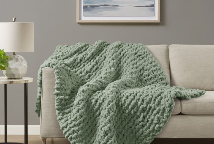 Chenille Chunky Knit Throw in Sage Green From Madison Park