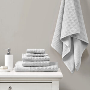 Spa Waffle Cotton Waffle Jacquard Antimicrobial Bath Towel 6 Piece Set in Grey From Madison Park