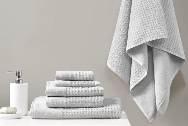 Spa Waffle Cotton Waffle Jacquard Antimicrobial Bath Towel 6 Piece Set in Grey From Madison Park