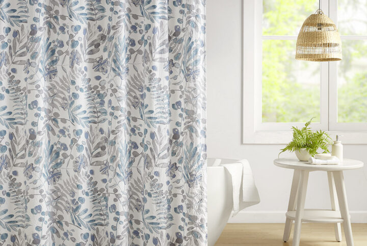 Bonnie Printed Seersucker Shower Curtain in Blue From Madison Park