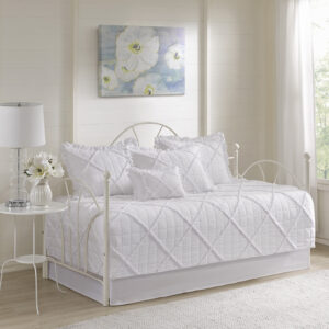 Rosie 6 Piece Daybed Cover Set with Bedskirt and Throw Pillow in White From Madison Park