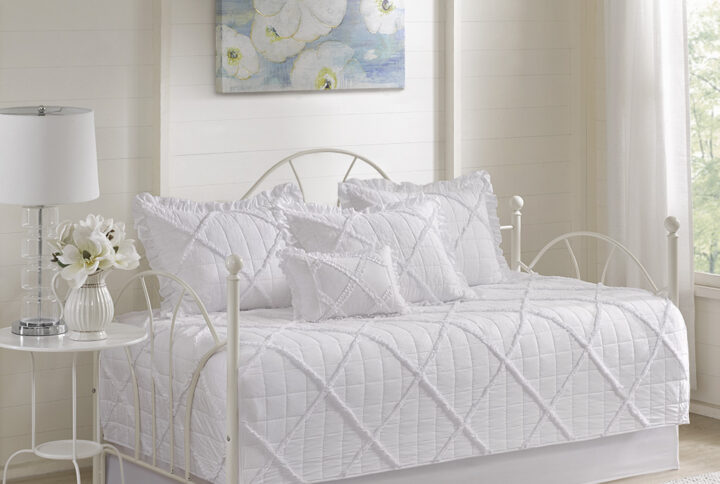 Rosie 6 Piece Daybed Cover Set with Bedskirt and Throw Pillow in White From Madison Park