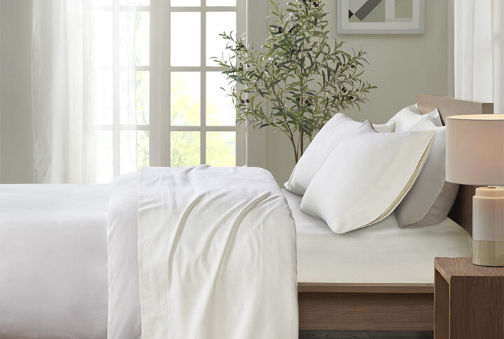 Cozy Flannel Printed Sheet Set in Ivory Solid From True North by Sleep Philosophy