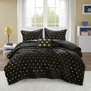 Rosalie Metallic Printed Plush Comforter Set with Throw Pillow in Black/Gold From Mi Zone