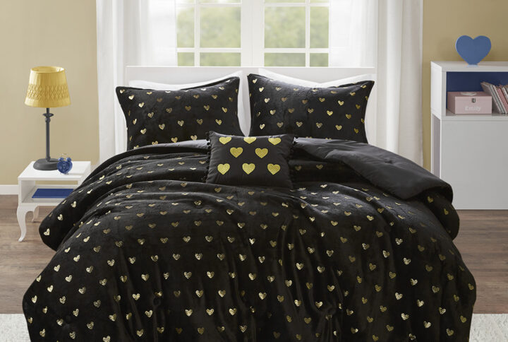 Rosalie Metallic Printed Plush Comforter Set with Throw Pillow in Black/Gold From Mi Zone