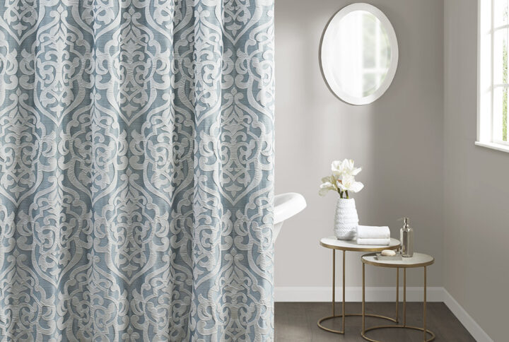 Odette Jacquard Shower Curtain in Aqua/Silver From Madison Park