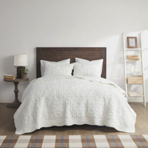 Aster 3 Piece Embroidered Faux Fur Coverlet Set in Ivory From Madison Park